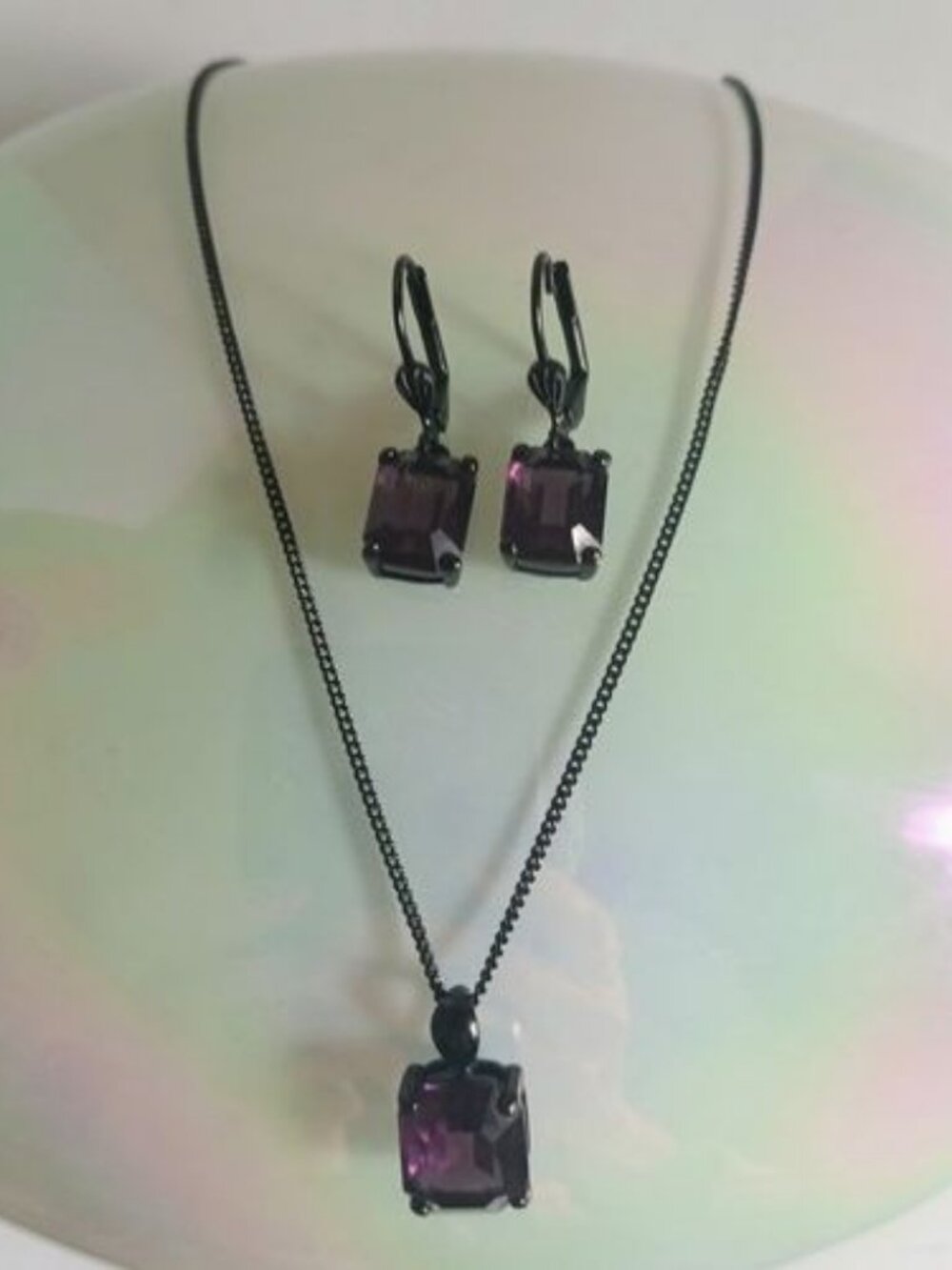 90s Vintage Givenchy Bijoux Amethyst Crystal Gun Metal Necklace Earrings Set